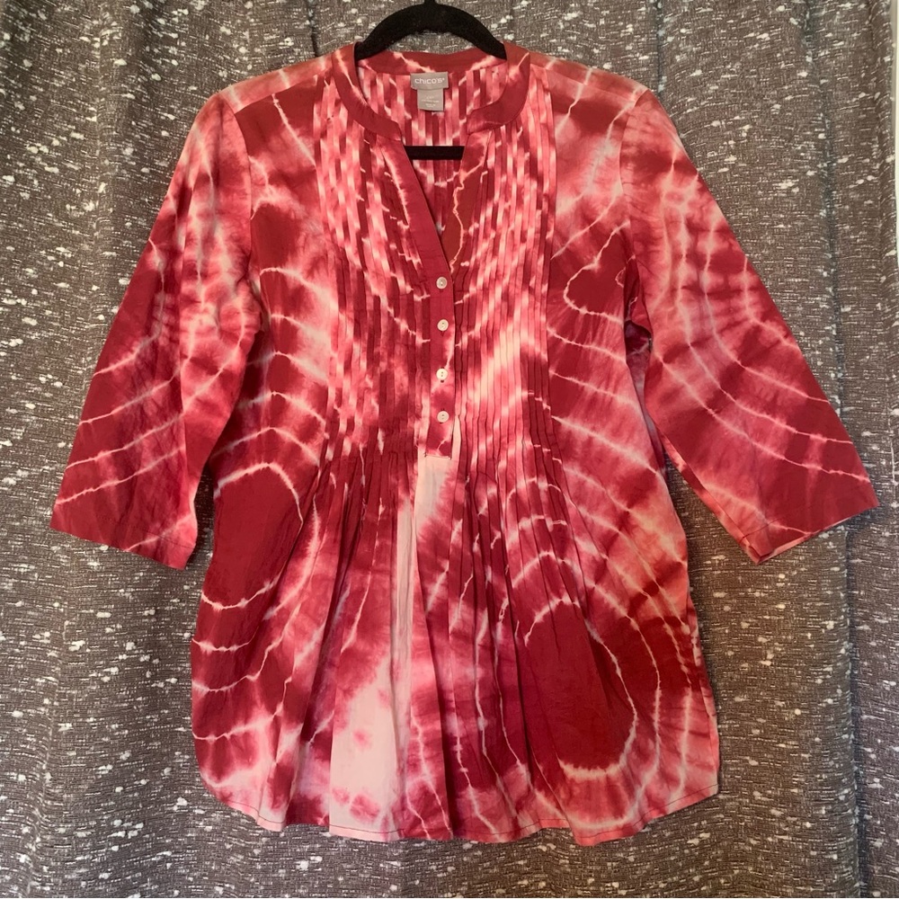 Chico’s Cherry Red Tie Dye Pintuck Peasant Blouse Size OP (US Size 4/6 Petite)